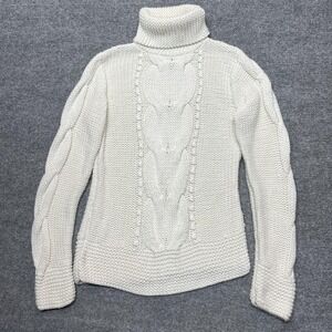 Eddie Bauer Sweater Womens Medium White Wool Blend Cable Knit Turtleneck